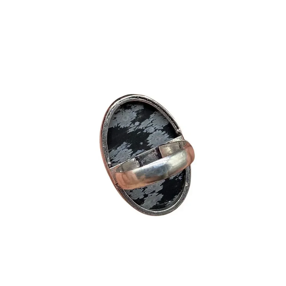 Snowflake Obsidian Ring Size 7 925 Sterling Silver Overlay Black Oval Chunky